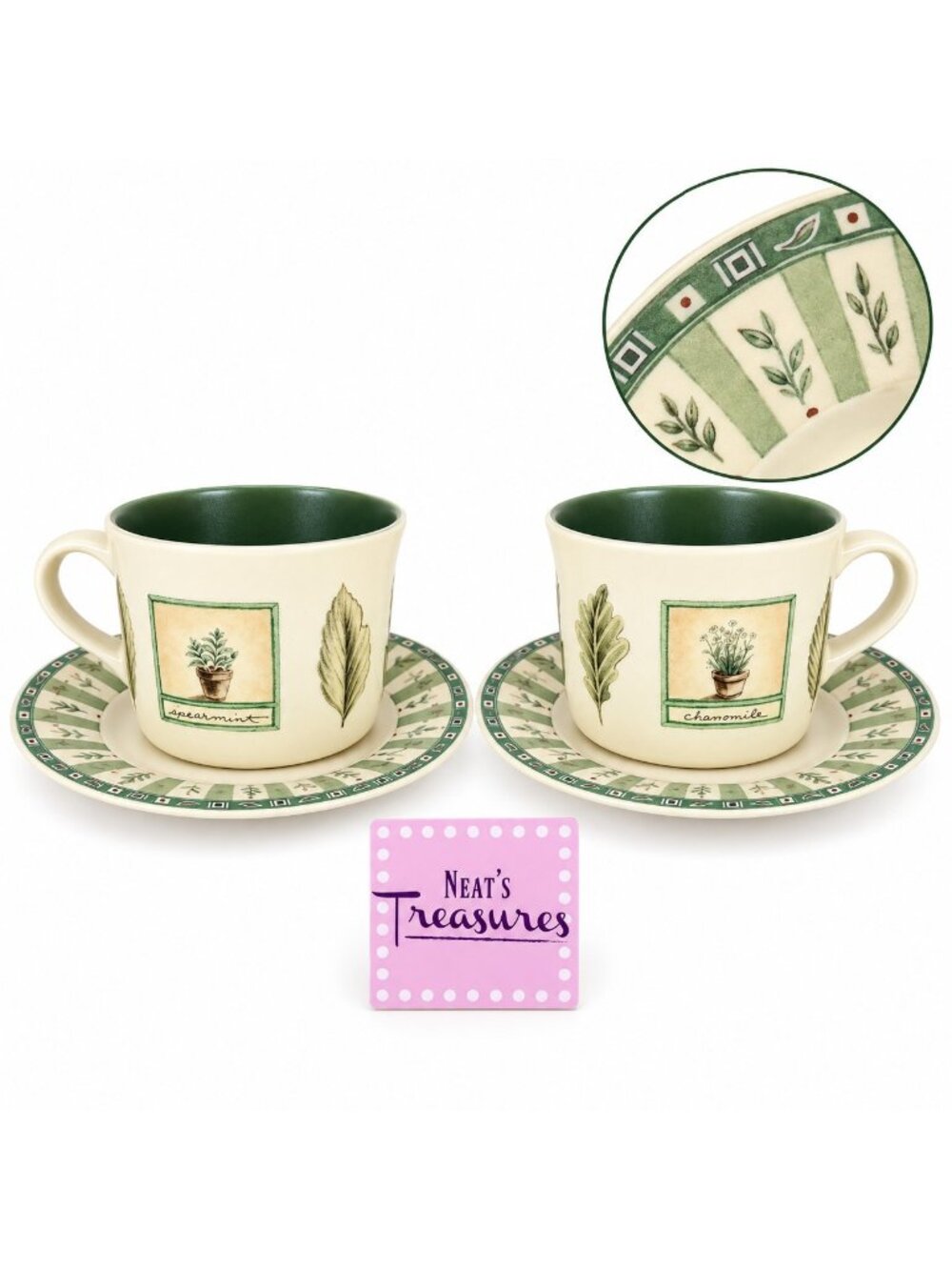 Pfaltzgraff NATUREWOOD Herbs Garden Tools Stoneware 8oz Cup & Saucers Set of 2